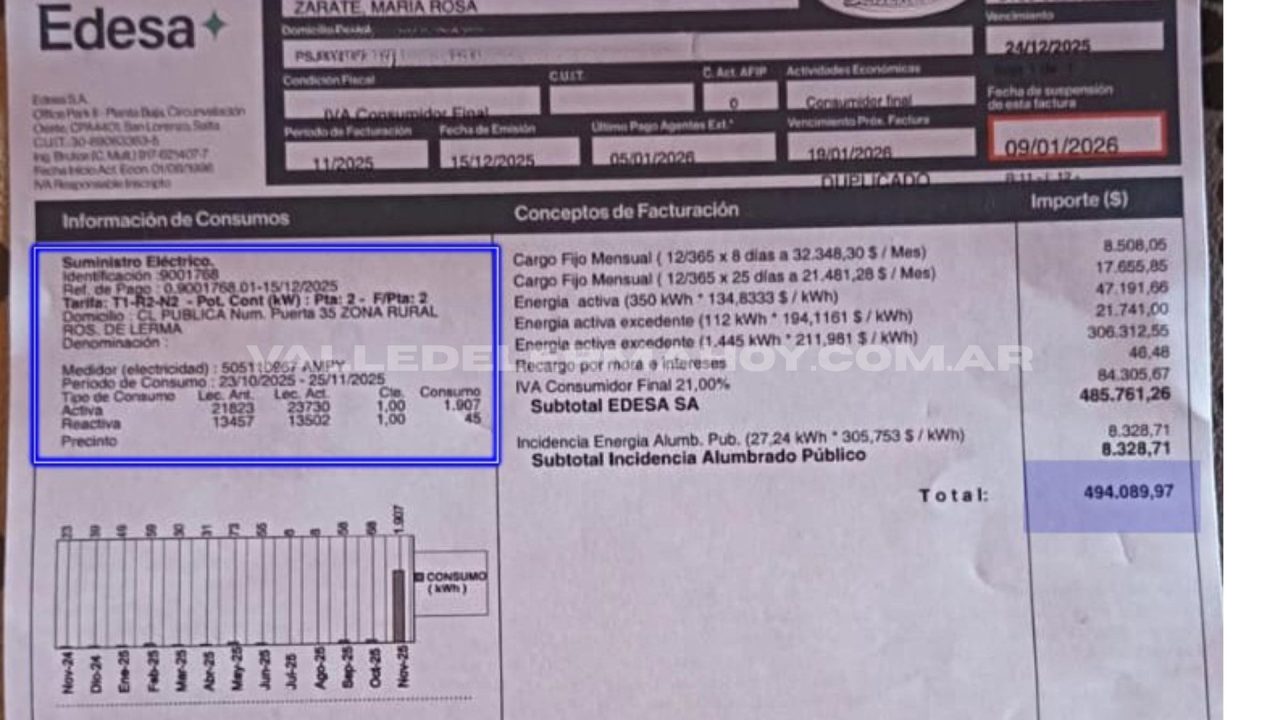 De 30 mil a casi 800 mil pesos: El drama de un jubilado con la boleta de luz en Rosario de Lerma